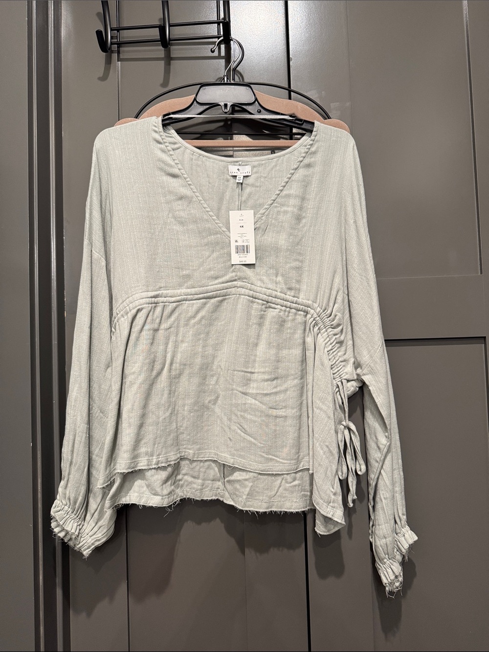 Light Sage V-Neck Drawstring Peasant Top - Women